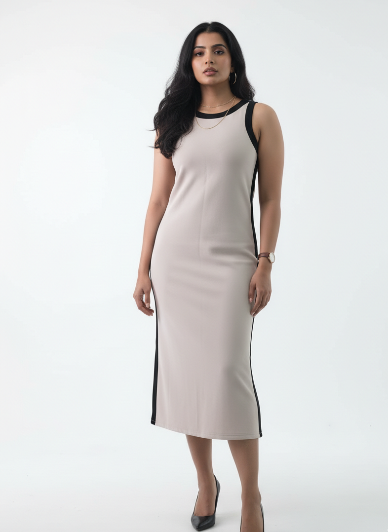 Woman wearing a beige dress with black accents on a white background