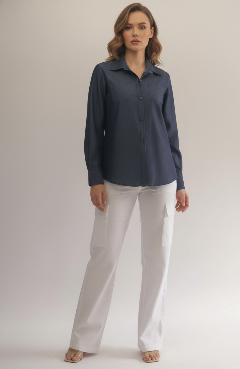 Woman wearing a dark blue shirt and white pants on a plain background