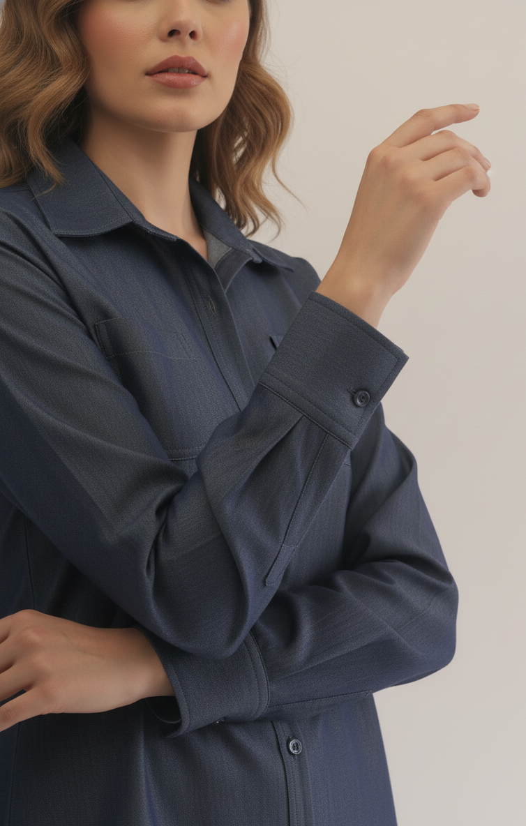 Woman wearing a dark blue shirt against a plain background