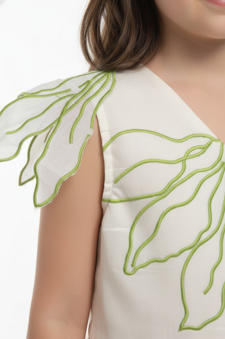 White sleeveless top with green leaf patterns worn by a person.