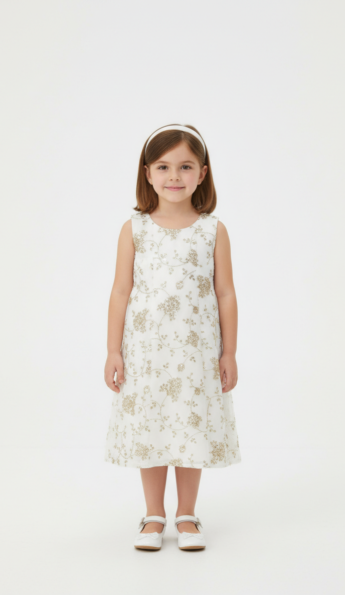 Young girl wearing a white floral dress on a white background