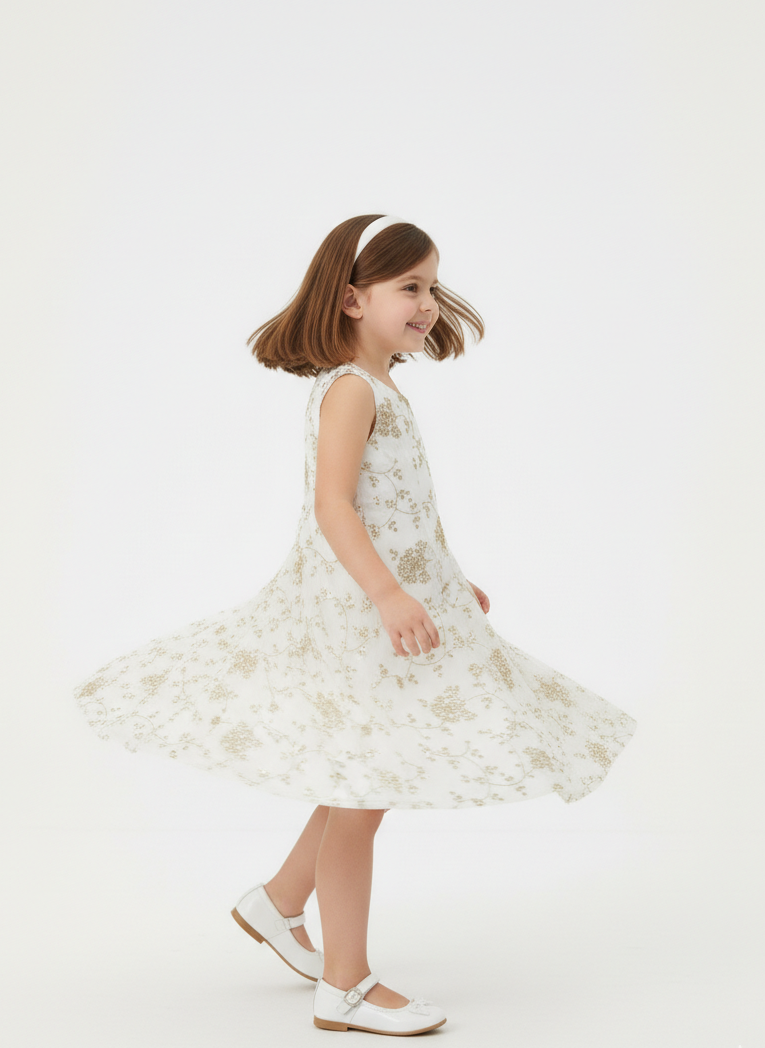 Young girl wearing a white floral dress on a white background