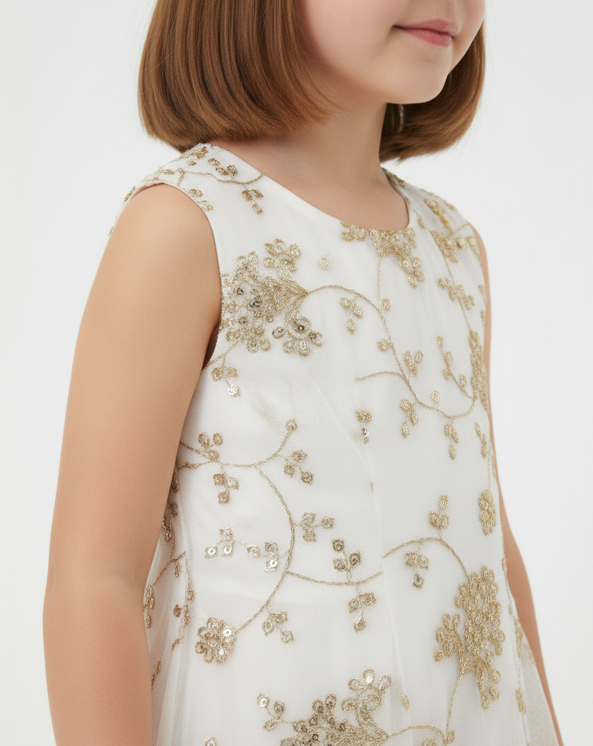 Child wearing a white dress with gold floral embroidery on a plain background