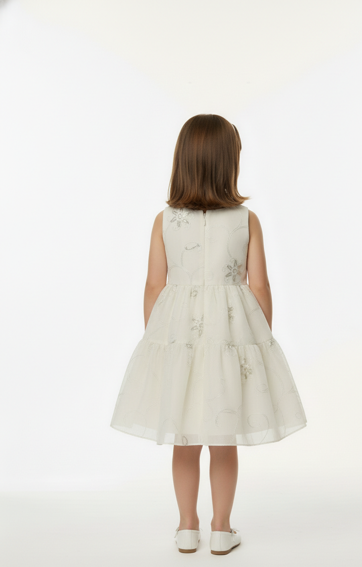 Young girl wearing a white floral dress on a white background