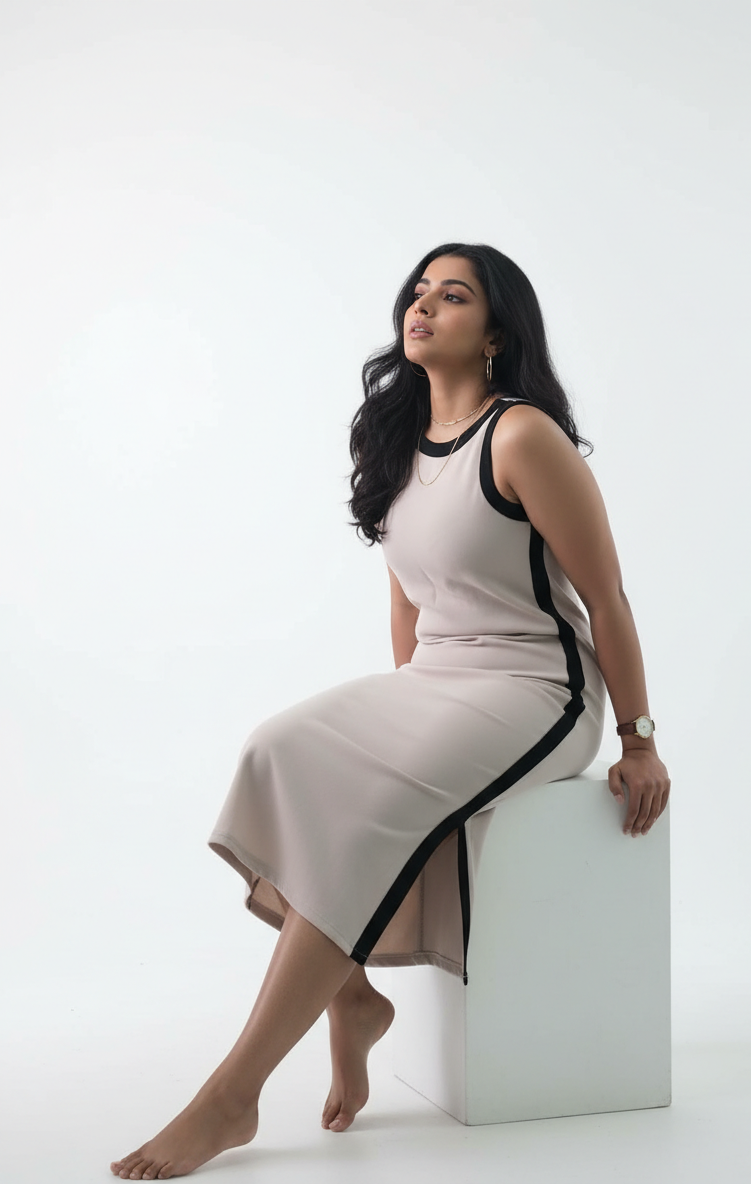 Woman in a beige dress with black trim sitting on a white block against a white background