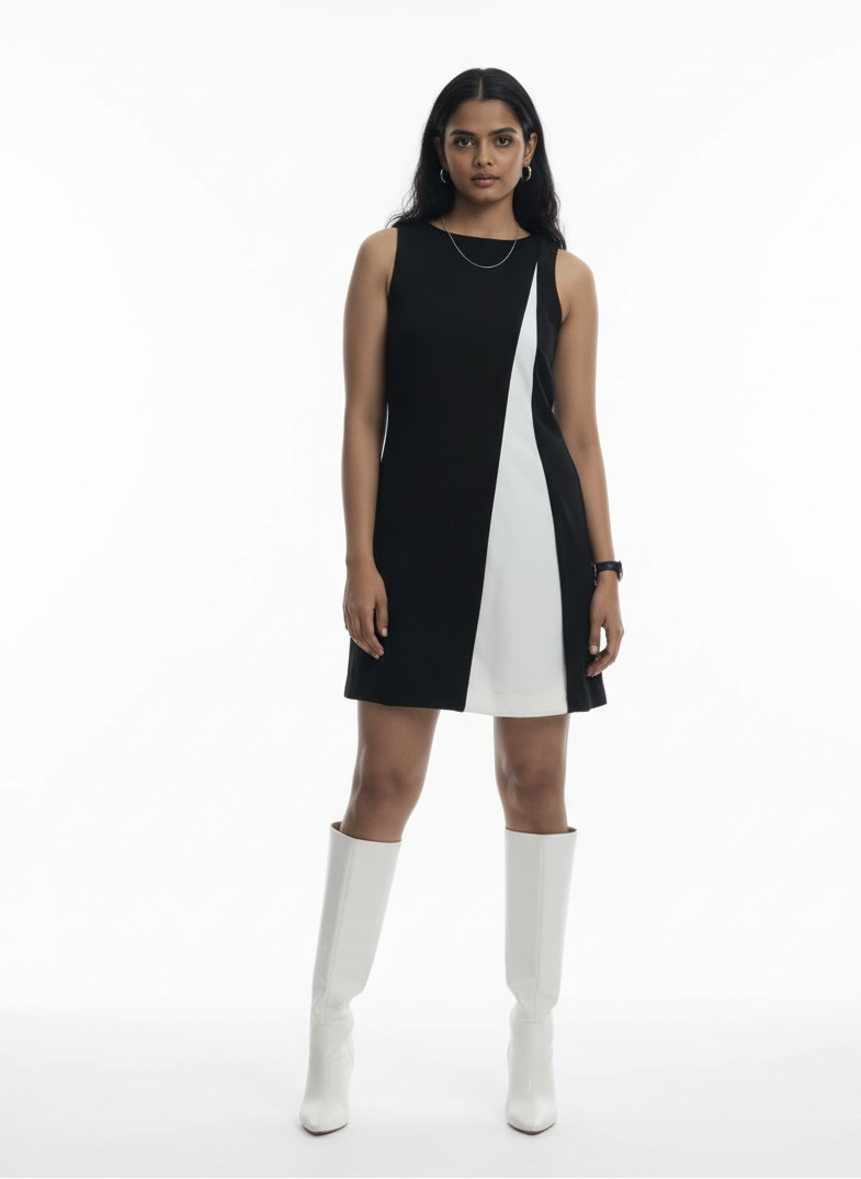 Woman wearing a black and white dress with white knee-high boots on a white background