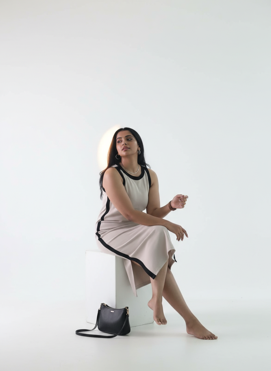 Woman sitting on a white block with a black handbag beside her against a white background