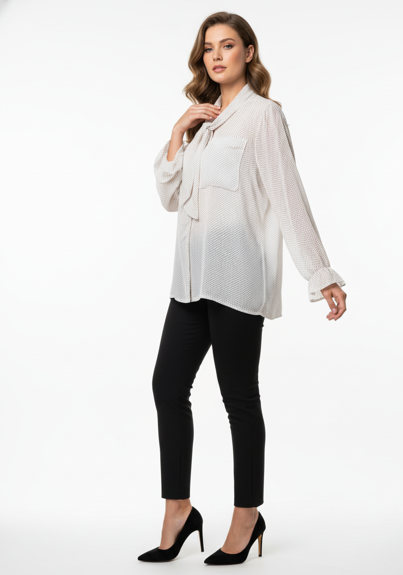 Woman wearing a white blouse and black pants on a white background