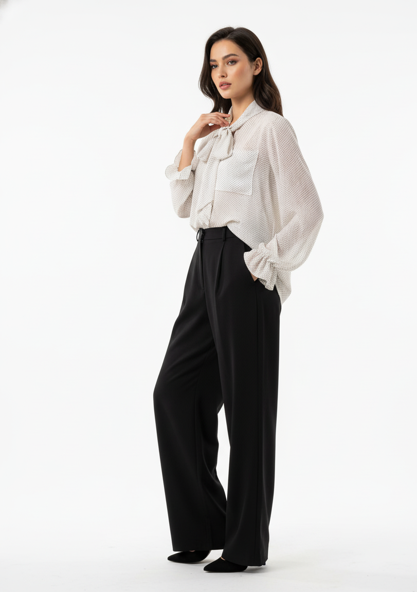 Woman wearing a white blouse and black pants on a white background