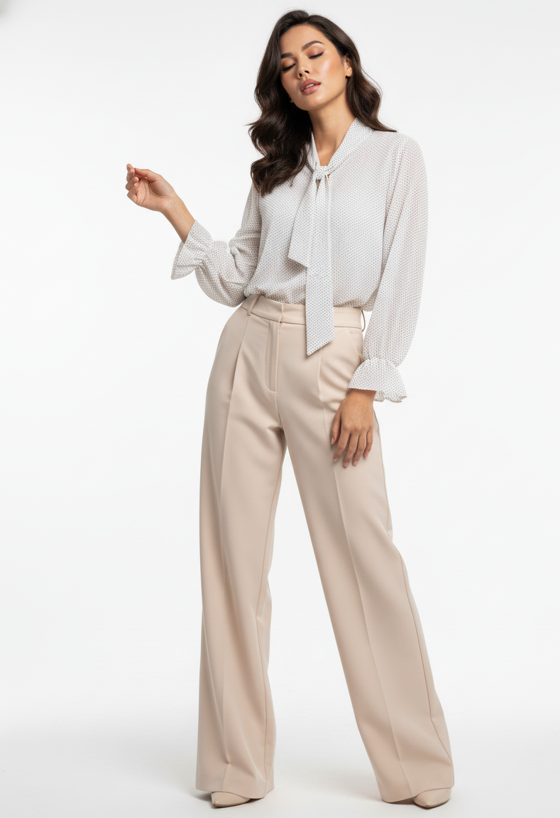 Woman wearing a light gray blouse with a tie and beige pants on a white background