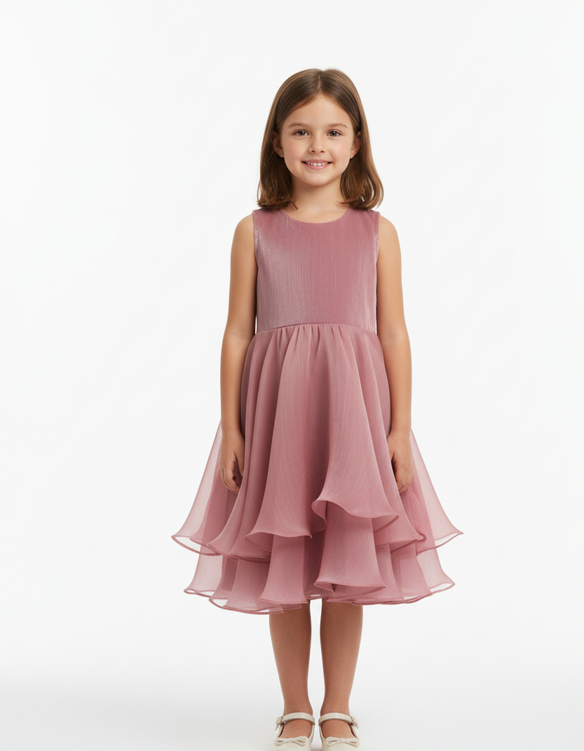 Young girl wearing a pink dress on a white background