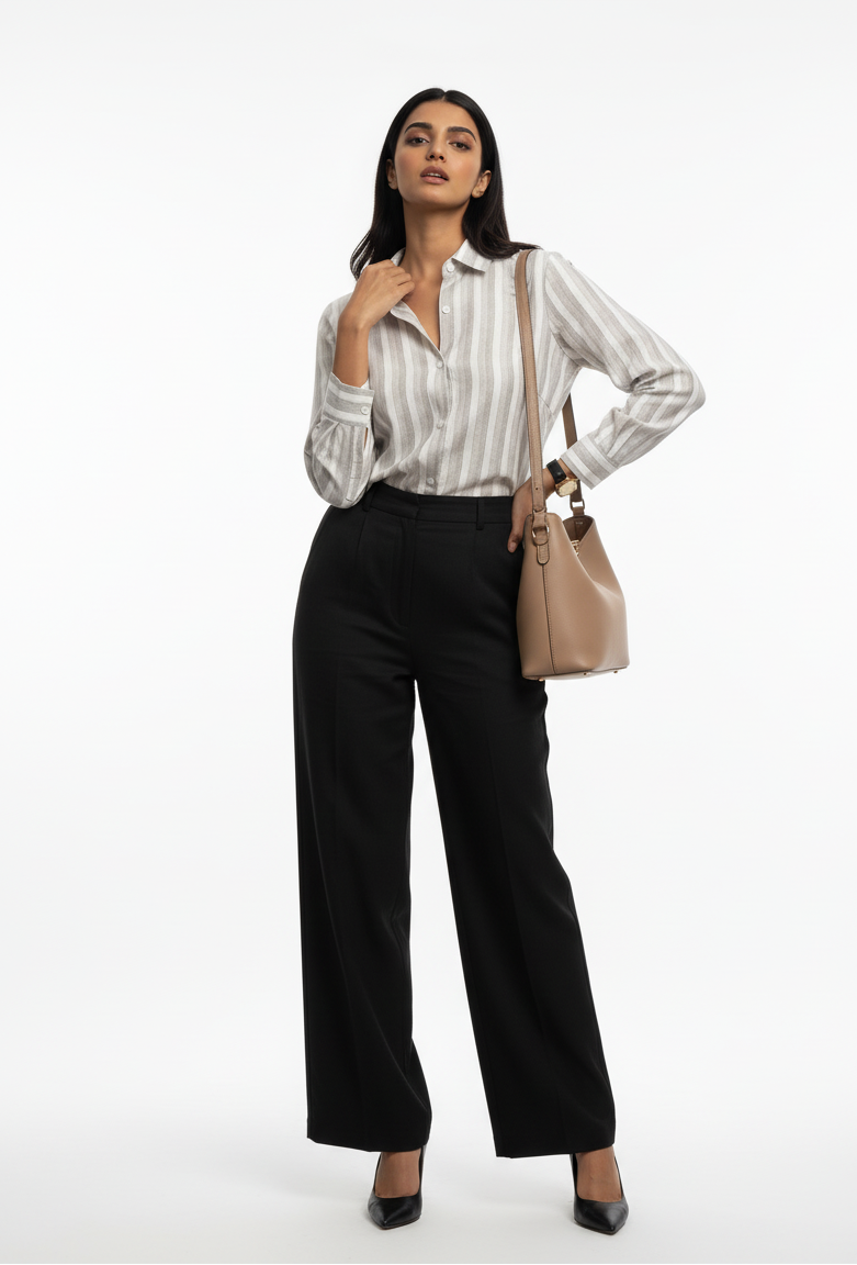 Woman wearing a striped shirt and black pants with a beige handbag on a white background