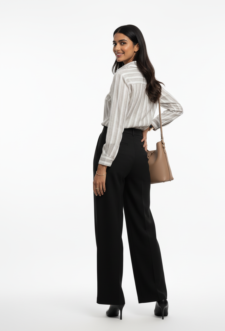 Woman wearing a striped shirt and black pants with a beige handbag on a white background