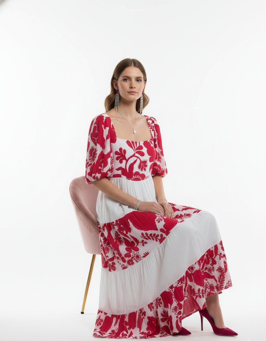 Amara Layered Chiffon Maxi Dress – Red Floral