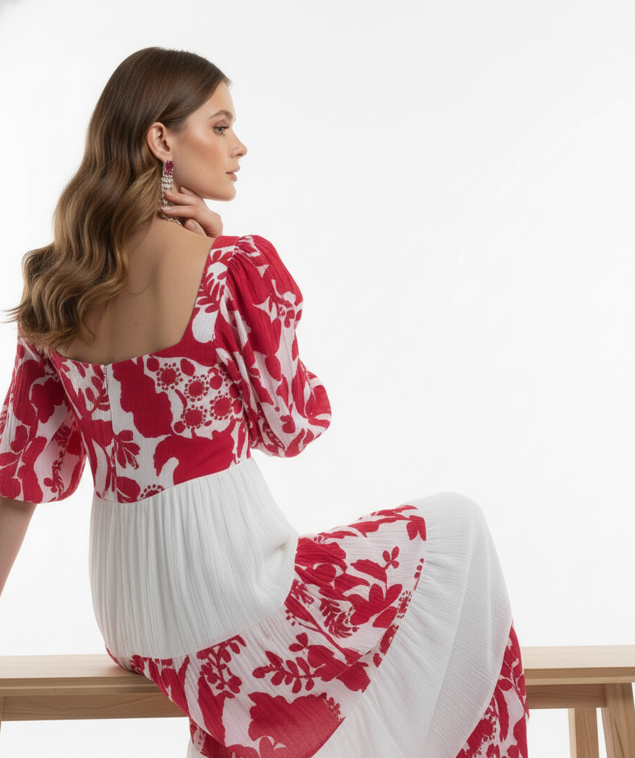 Woman wearing a red and white floral dress sitting on a white background