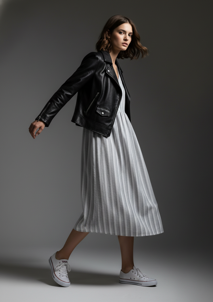 Woman wearing a black leather jacket, white dress, and gray sneakers on a gray background