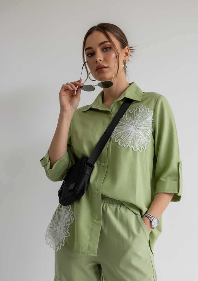 Woman wearing a green outfit with floral embroidery, holding sunglasses against a plain background