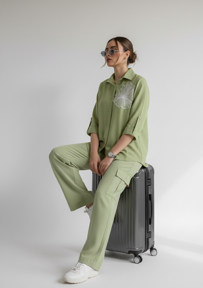 Person wearing a green outfit sitting on a suitcase against a white background