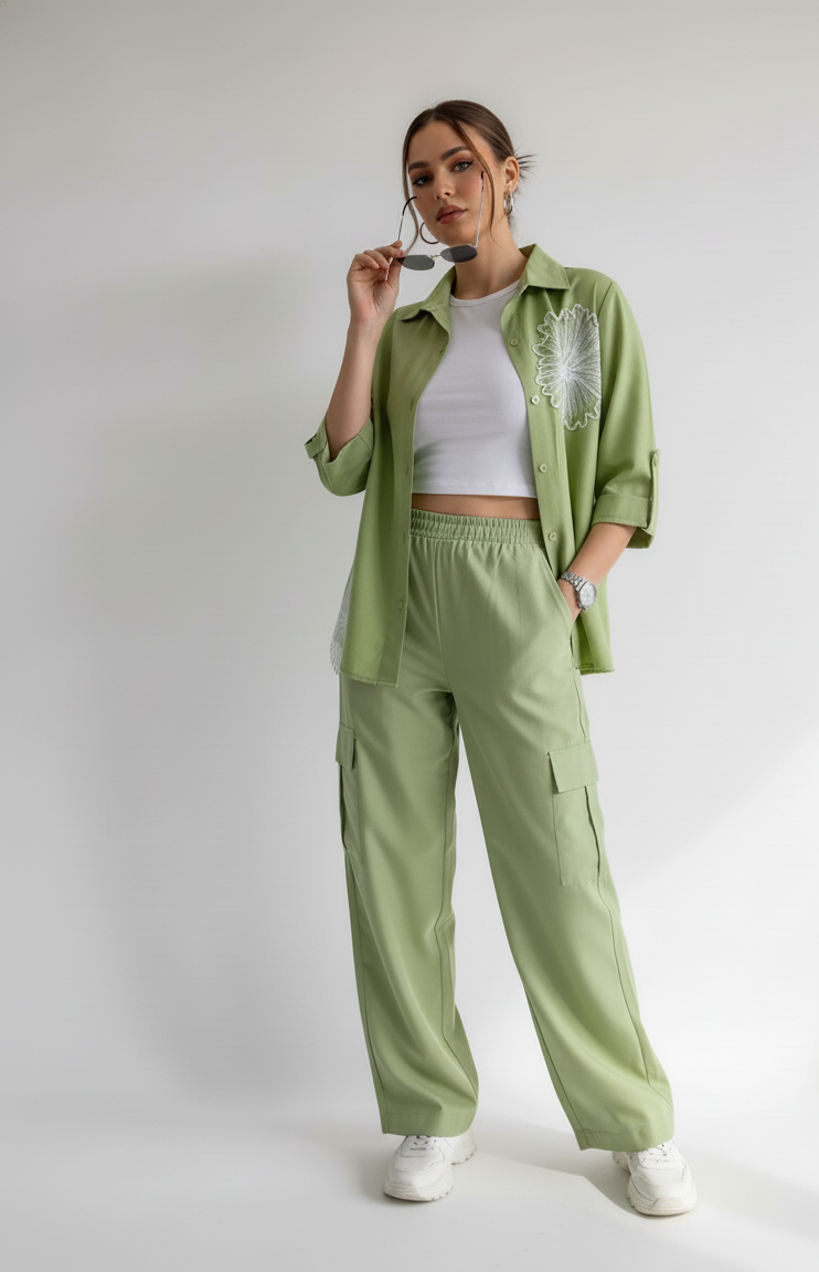 Woman wearing a green outfit with a white background