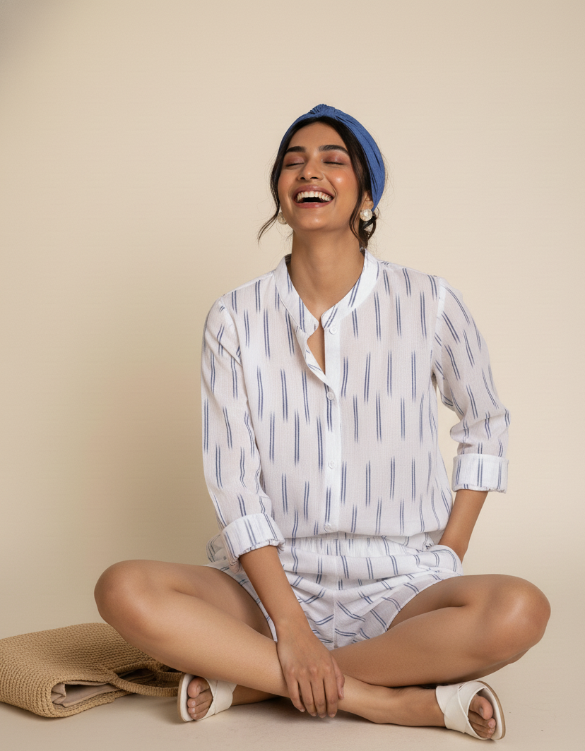 Woman wearing a white patterned shirt and shorts sitting on a beige floor.