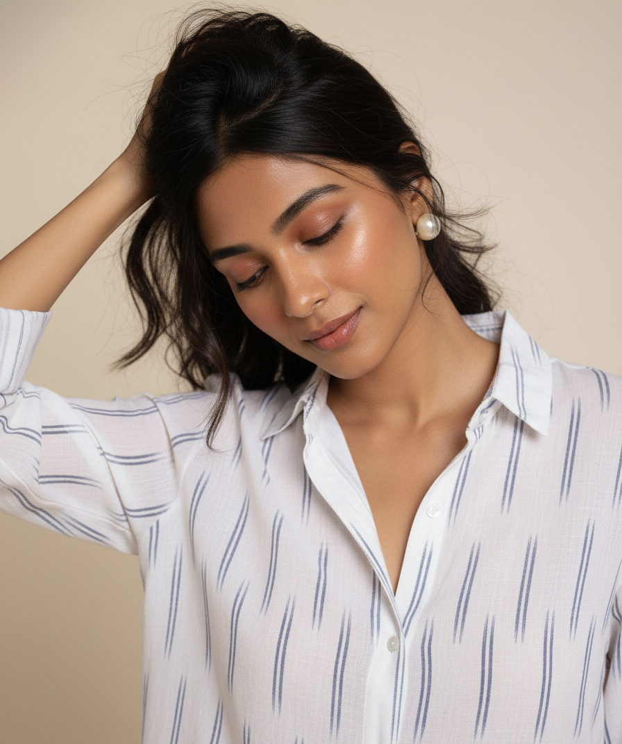 Woman wearing a white shirt with blue stripes against a beige background