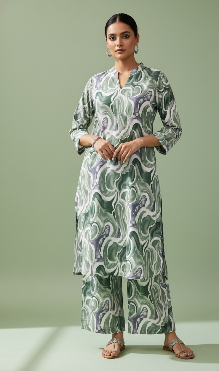 Woman wearing a patterned dress against a green background
