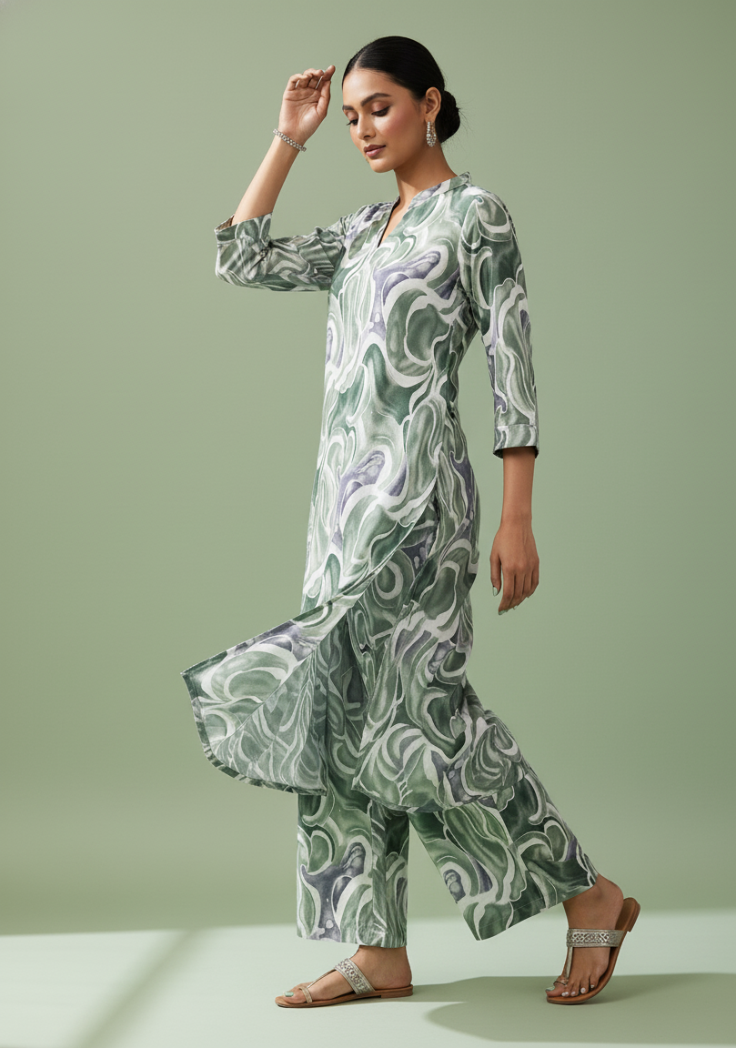 Woman wearing a green and white patterned outfit on a light green background