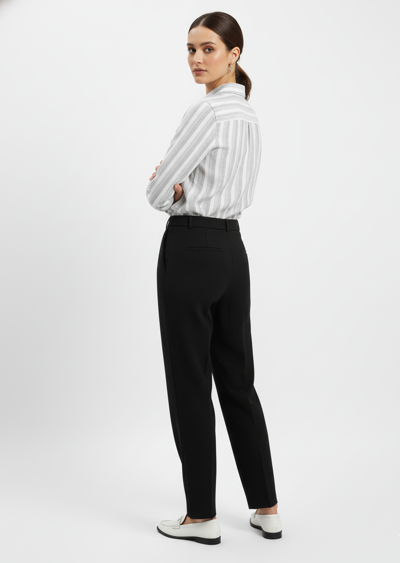 Woman wearing a white striped shirt and black pants on a white background