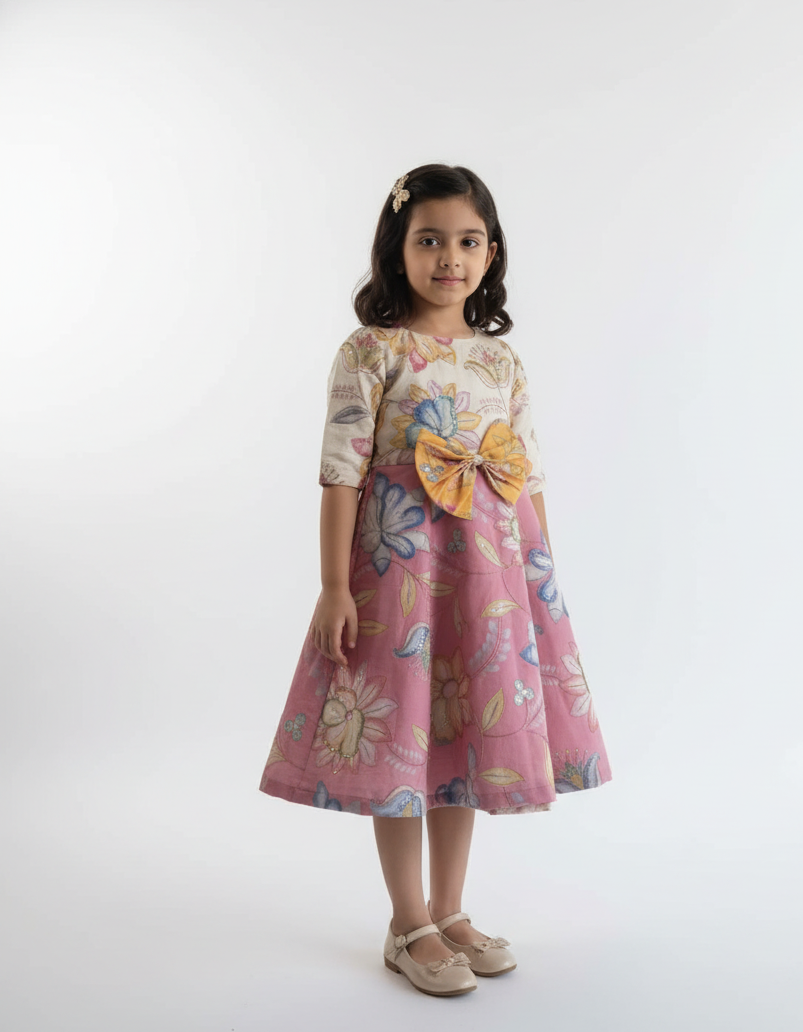 Young girl wearing a floral dress with a large yellow bow on a white background
