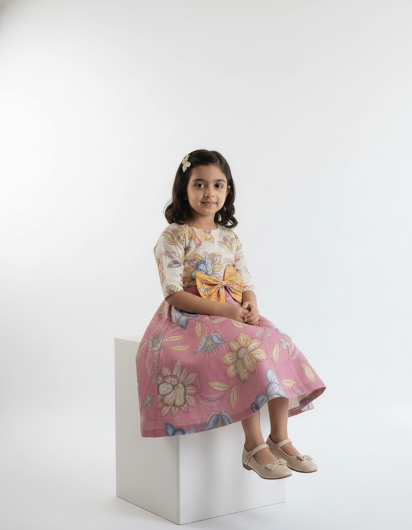 Young girl in a floral dress sitting on a white cube against a white background