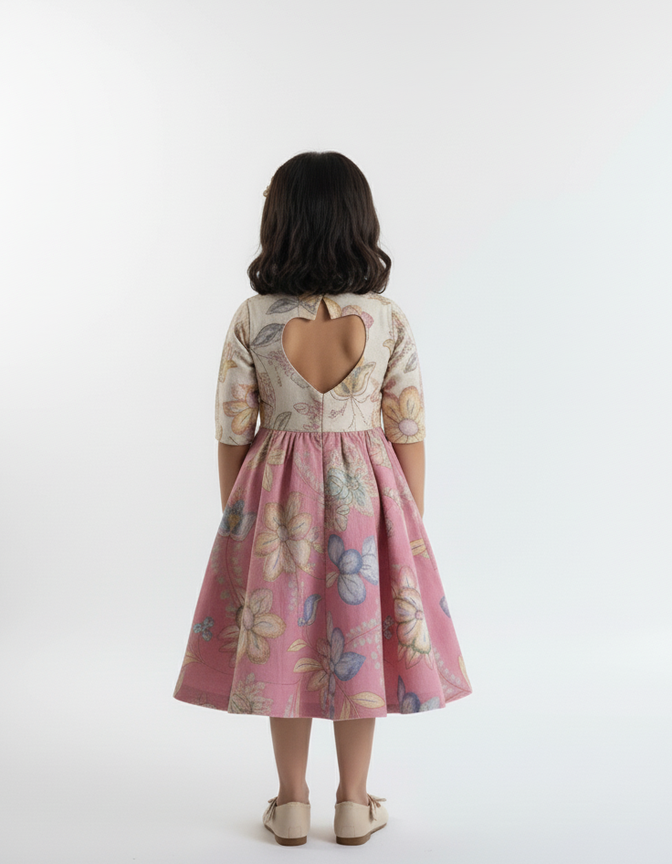 Back view of a person wearing a dress with a floral pattern on a white background