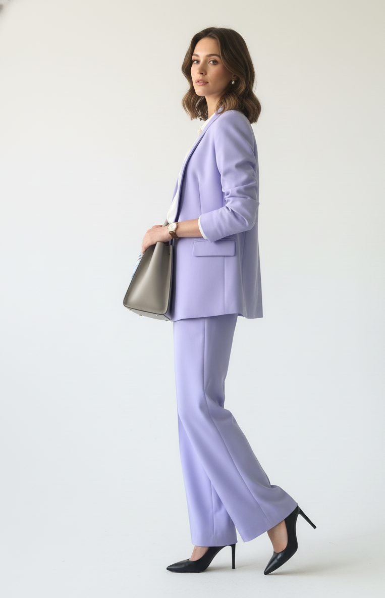 Woman wearing a light purple suit with a black handbag on a white background