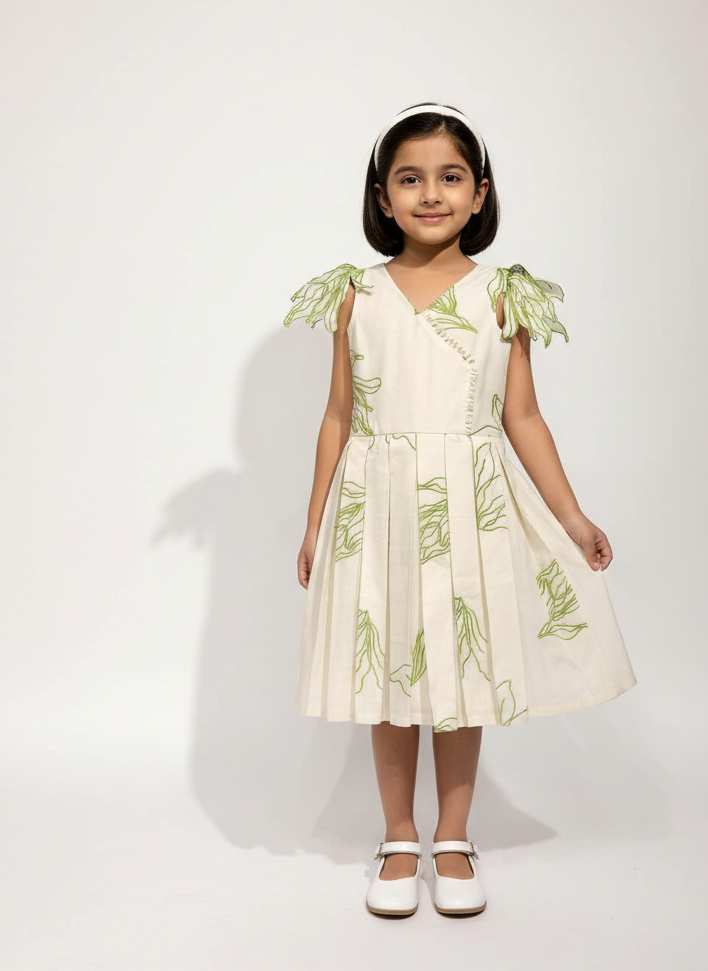 Young girl wearing a white dress with green floral patterns on a white background