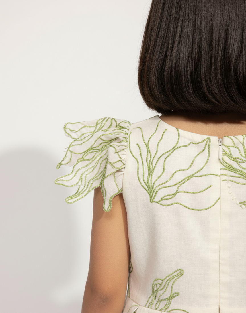 Person wearing a white dress with green floral embroidery on a plain background