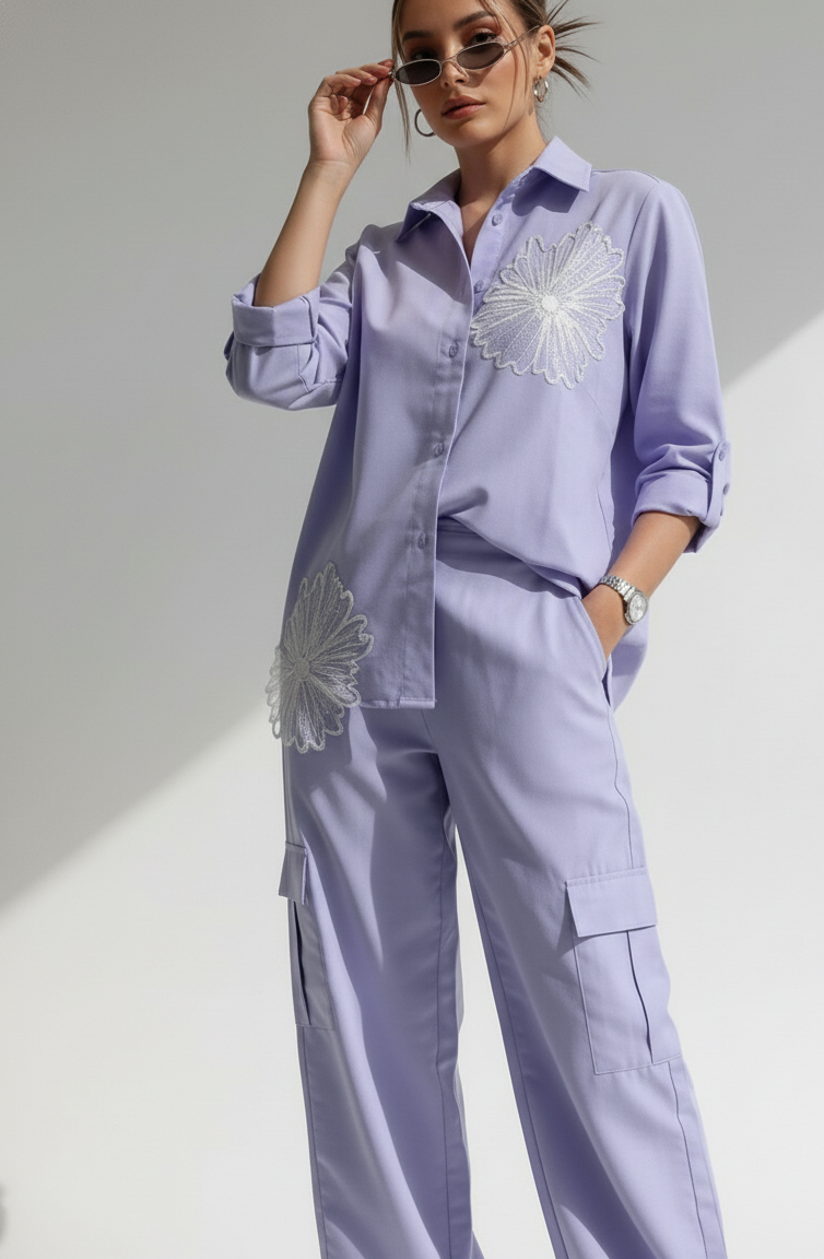 Person wearing a light purple outfit with floral embroidery on a white background