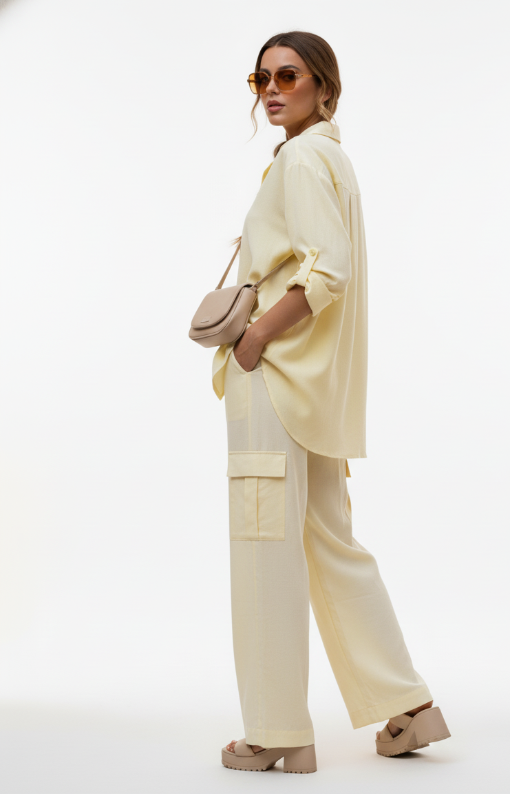 Woman wearing a light yellow outfit with sunglasses and a beige handbag on a white background
