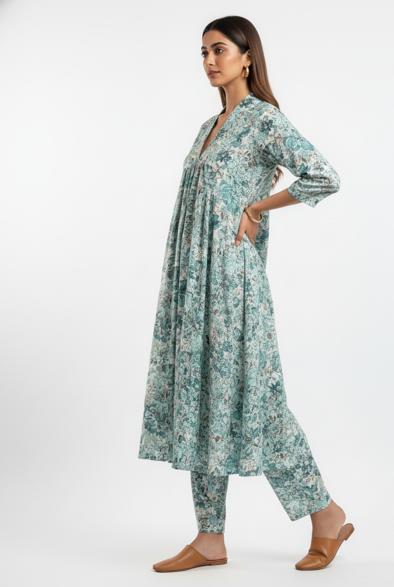 Woman wearing a floral dress on a white background