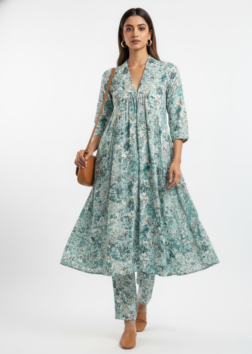 Woman wearing a floral dress with a plain background