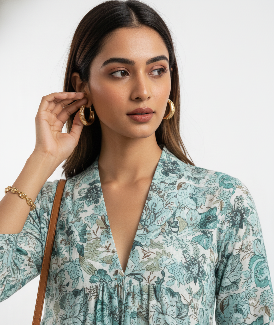 Woman wearing a floral dress with a plain background