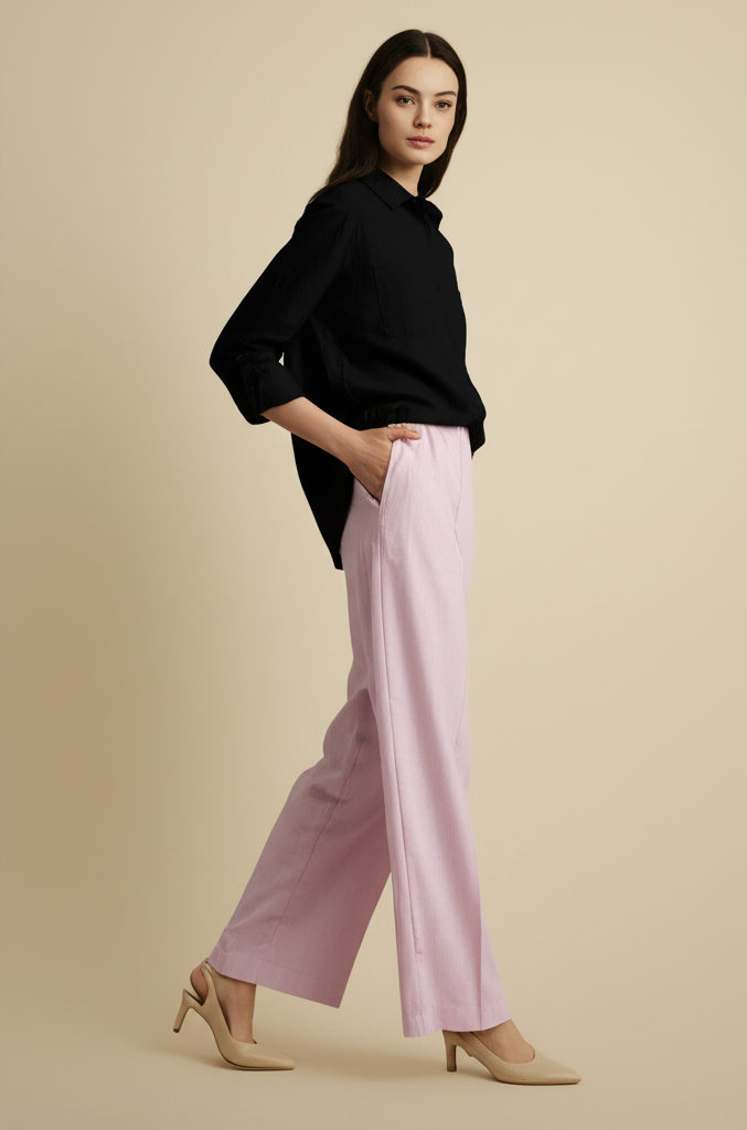 Woman wearing a black top and pink pants on a beige background