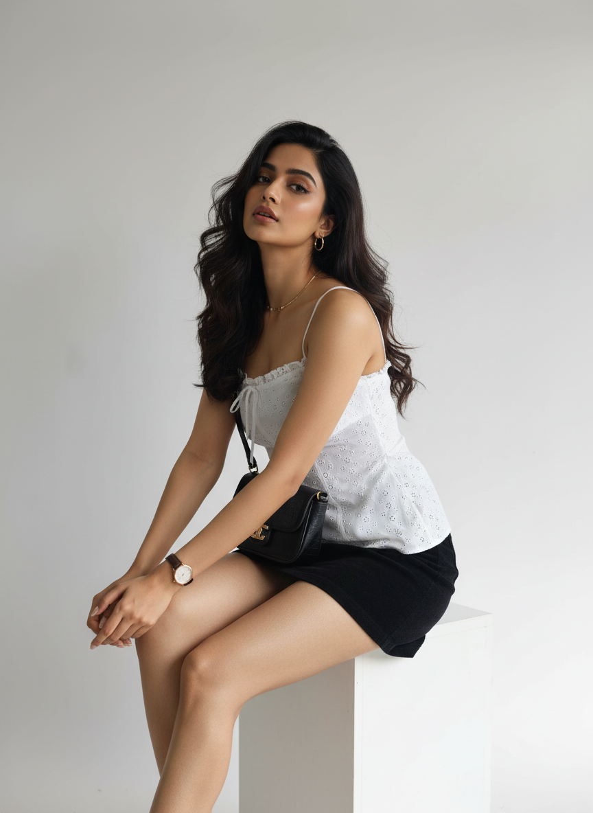 Woman sitting on a white surface wearing a white top and black shorts, holding a black handbag.