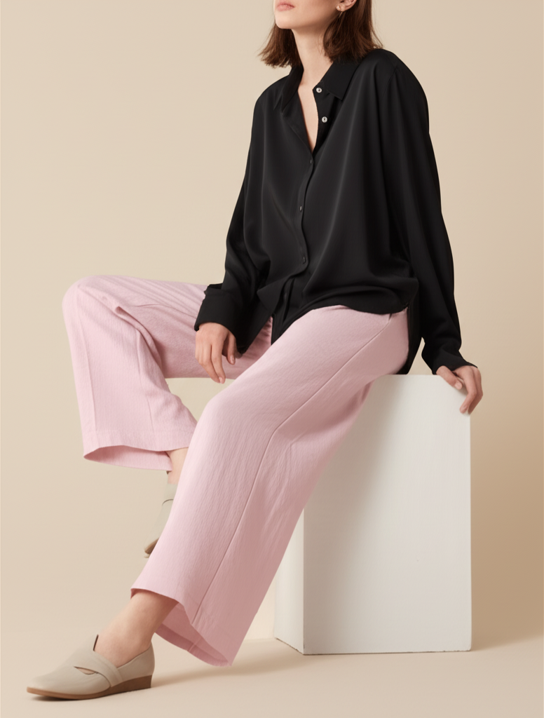 Person wearing a black shirt and pink pants sitting on a white cube against a beige background