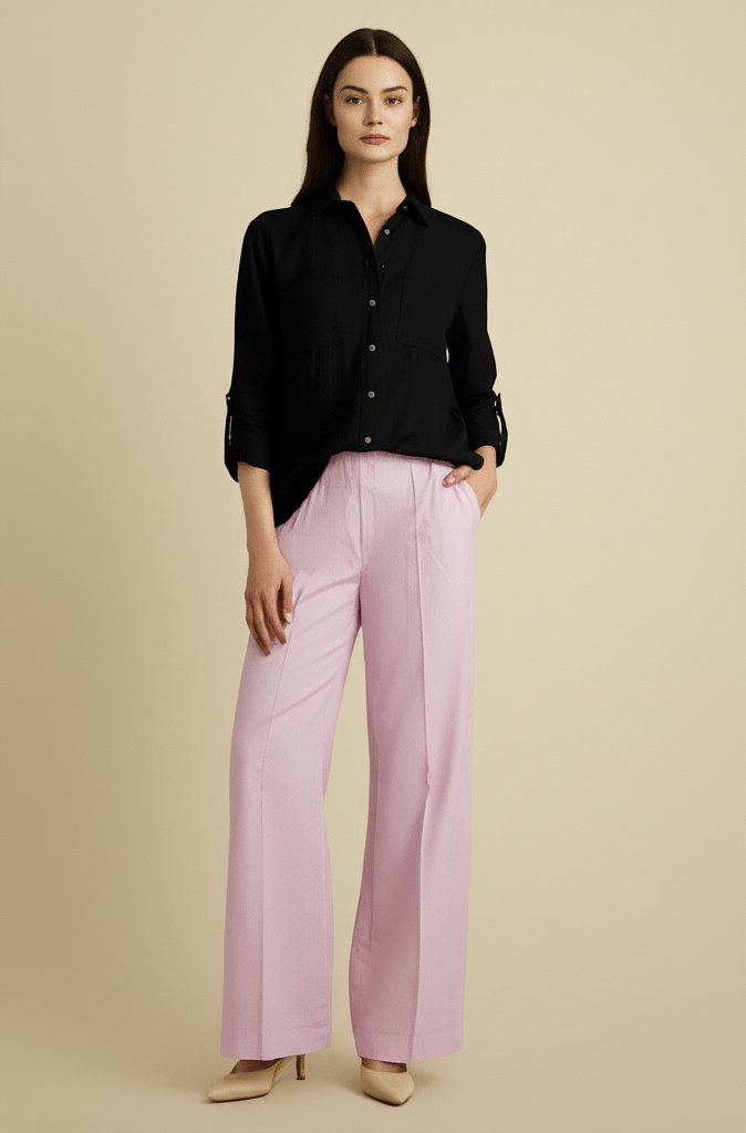 Woman wearing a black shirt and pink pants on a beige background