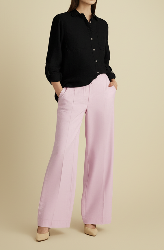 Woman wearing a black shirt and pink pants on a beige background