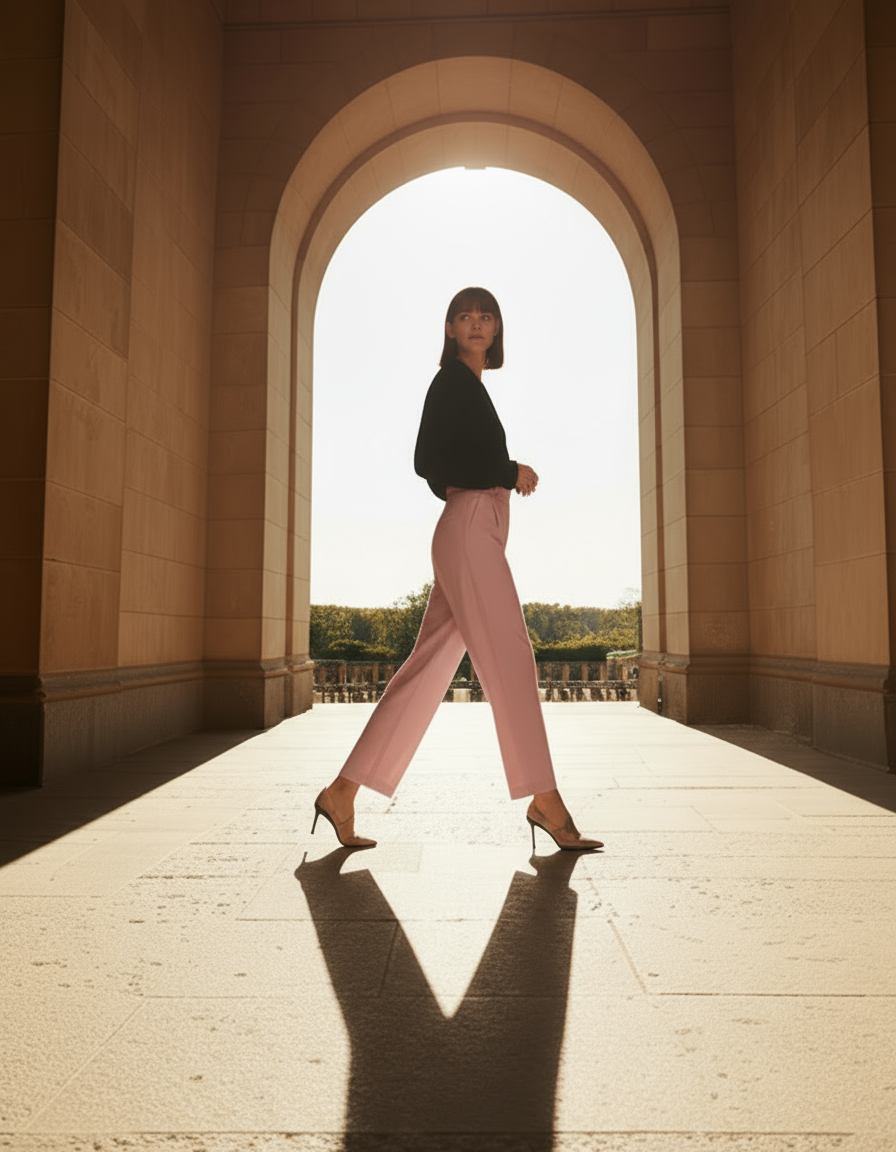 Woman in black top and pink pants walking through an archway with a bright light at the end.
