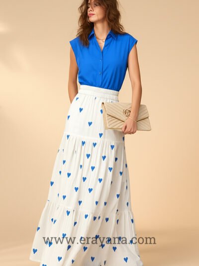 Embroidered Blue Heart Cotton Skirt