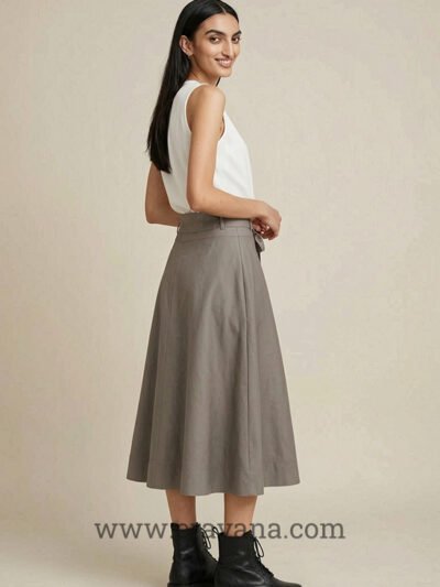 Belt Lotus Calf-Length Skirt