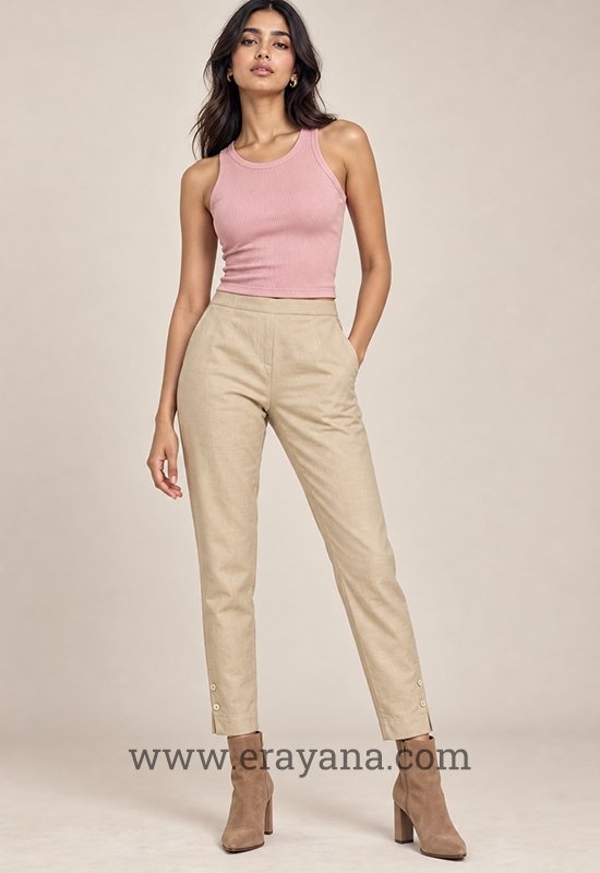 Cotton Silk Slip-On Cigarette Pants – Beige - Image 2