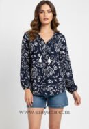 Navy & White Tie-Neck Floral Cotton Top
