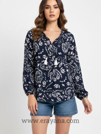 Navy & White Tie-Neck Floral Cotton Top
